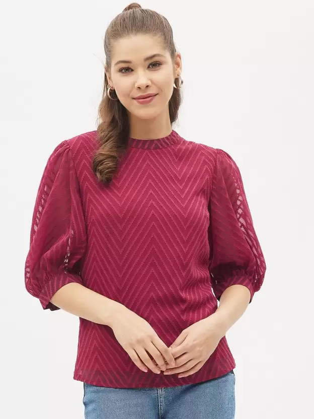 Casual_Puff_Sleeves_Self_Design_Women_Maroon_Top.png